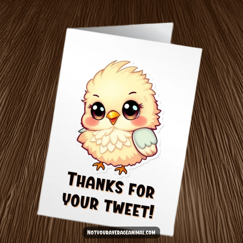 Funny Free Printable Thank You Card: Fluffy, colorful bird with big eyes chirping happily to express thanks.