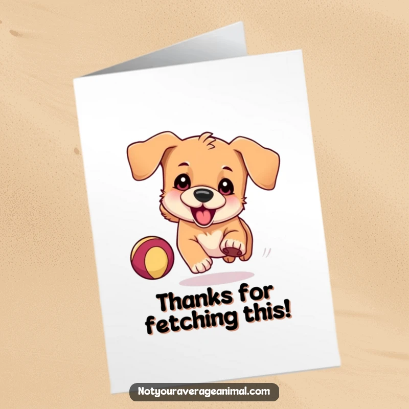 Funny Free Printable Thank You Card: Playful dog with floppy ears chasing a ball, showing heartfelt thanks.