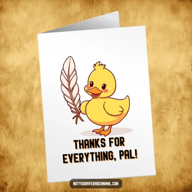 Funny Free Printable Thank You Card: Cartoon duck smiling and holding a large feather, expressing thanks.