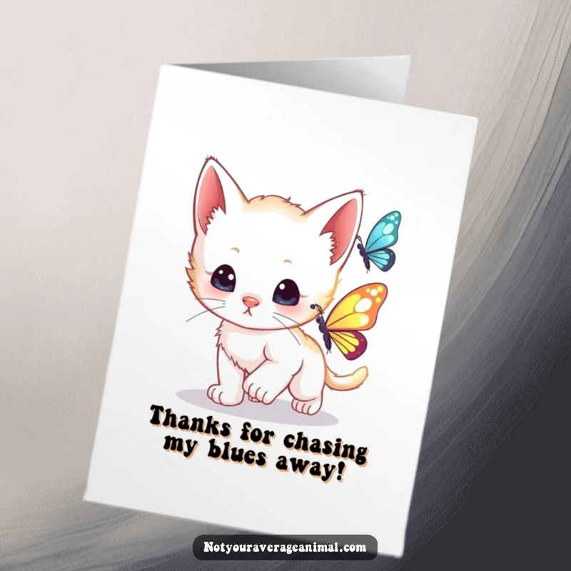 Funny Free Printable Thank You Card: A curious kitten mesmerized by a shimmering butterfly in mid-chase. A downloadable gift.