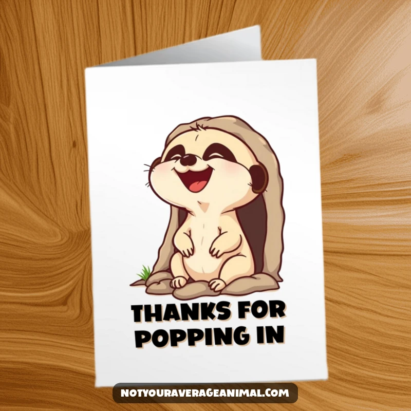 Funny Free Printable Thank You Card of a laughing meerkat character popping its head out of a burrow, a humorous thank you.