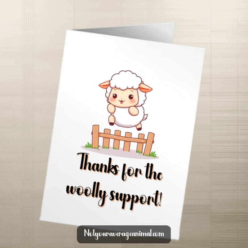 Funny Free Printable Thank You Card with a fluffy sheep character playfully leaping over a small fence, expressing thanks.
