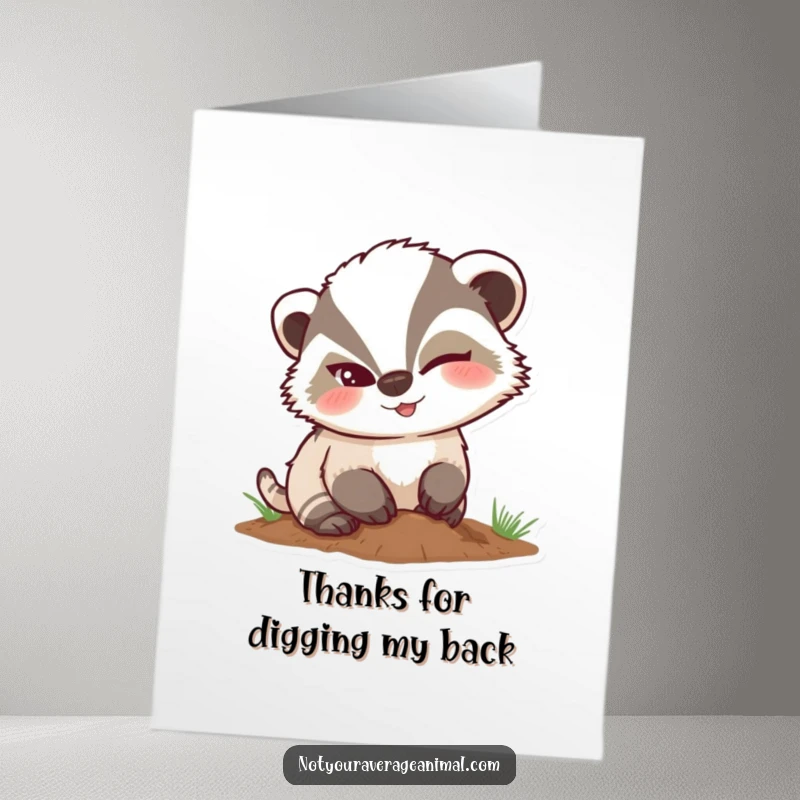 Funny Free Printable Thank You Card featuring a mischievous badger character winking while digging, a humorous way to express thanks.
