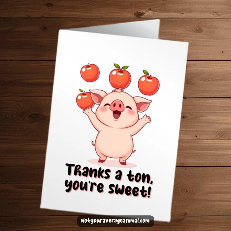 Funny Free Printable Thank You Card: Small piglet juggling apples, humorously expressing thanks.