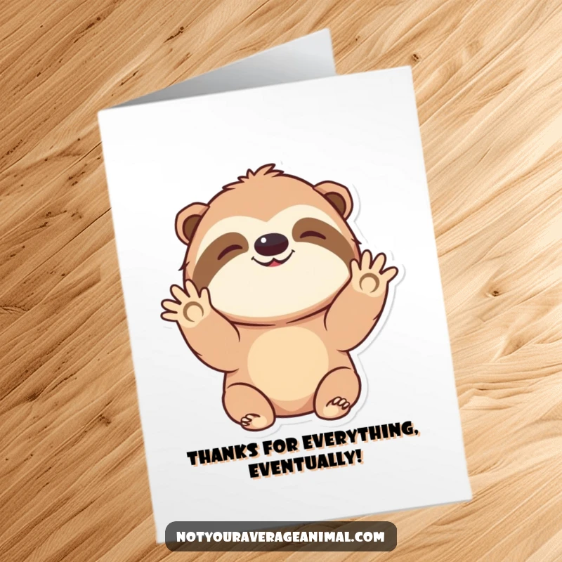 Funny Free Printable Thank You Card: Joyful sloth character giving a slow, friendly wave to express heartfelt appreciation. A unique thank you.