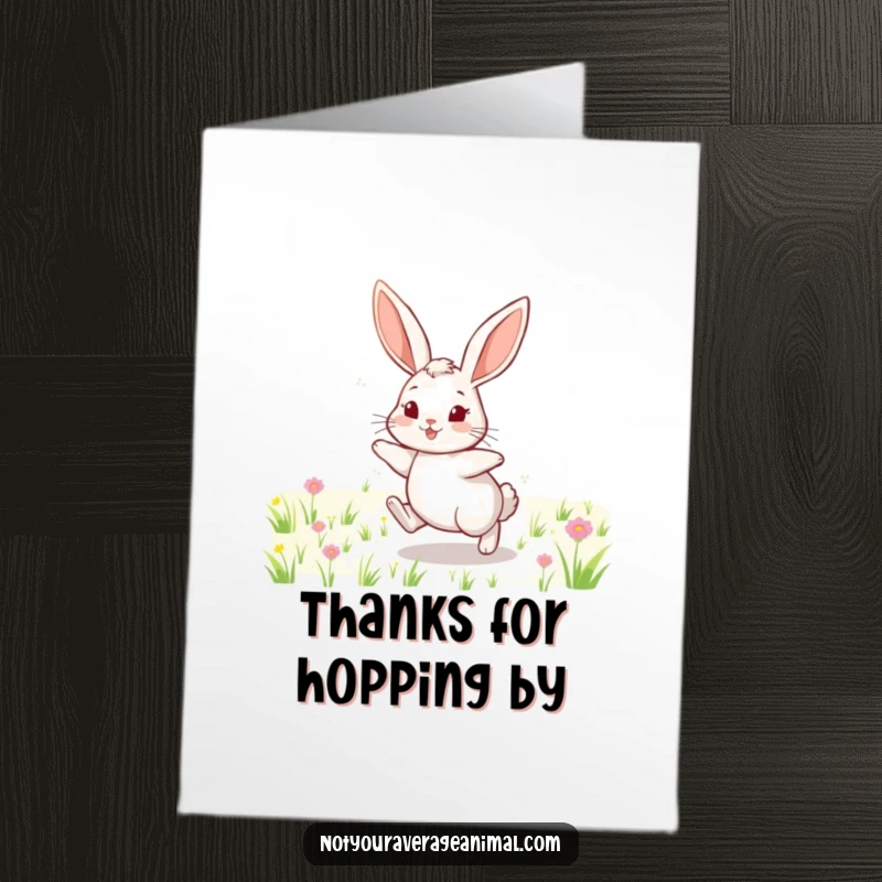 Funny Free Printable Thank You Card: A cheerful rabbit with long ears hops through a field, conveying thanks.