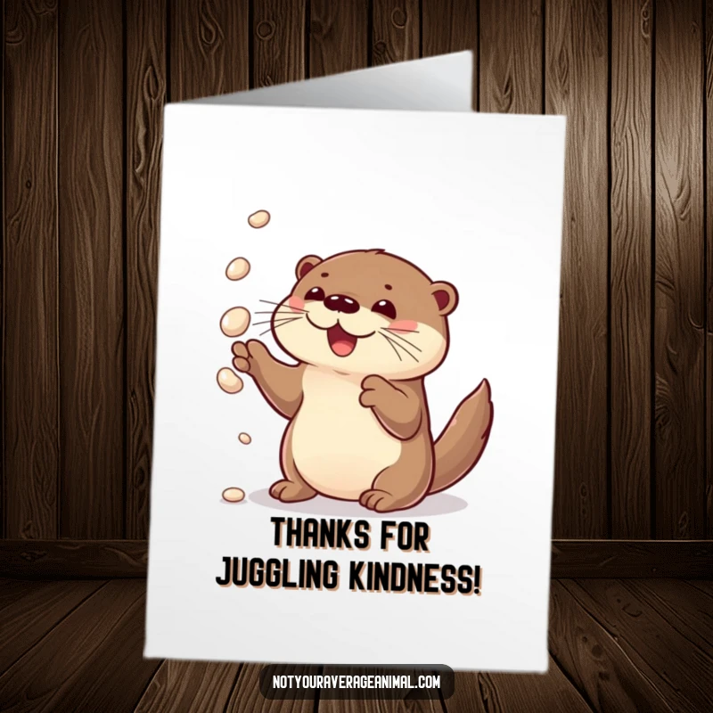 Funny Free Printable Thank You Card of a curious otter juggling shiny pebbles with a happy, delighted expression.