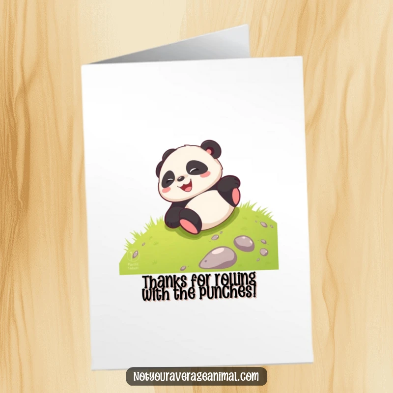 Funny Free Printable Thank You Card: A giggling panda mid-roll down a hill, looking absolutely delighted. A downloadable gift.