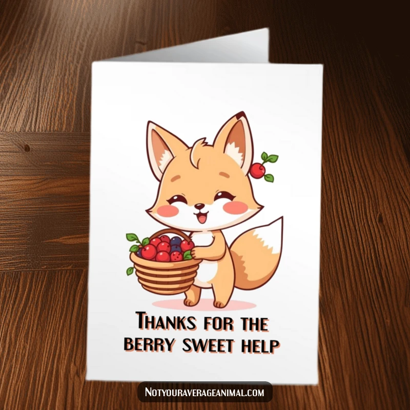 Funny Free Printable Fox Thank You Card: A cheerful fox carrying a basket of berries to express sincere thanks. Downloadable art.