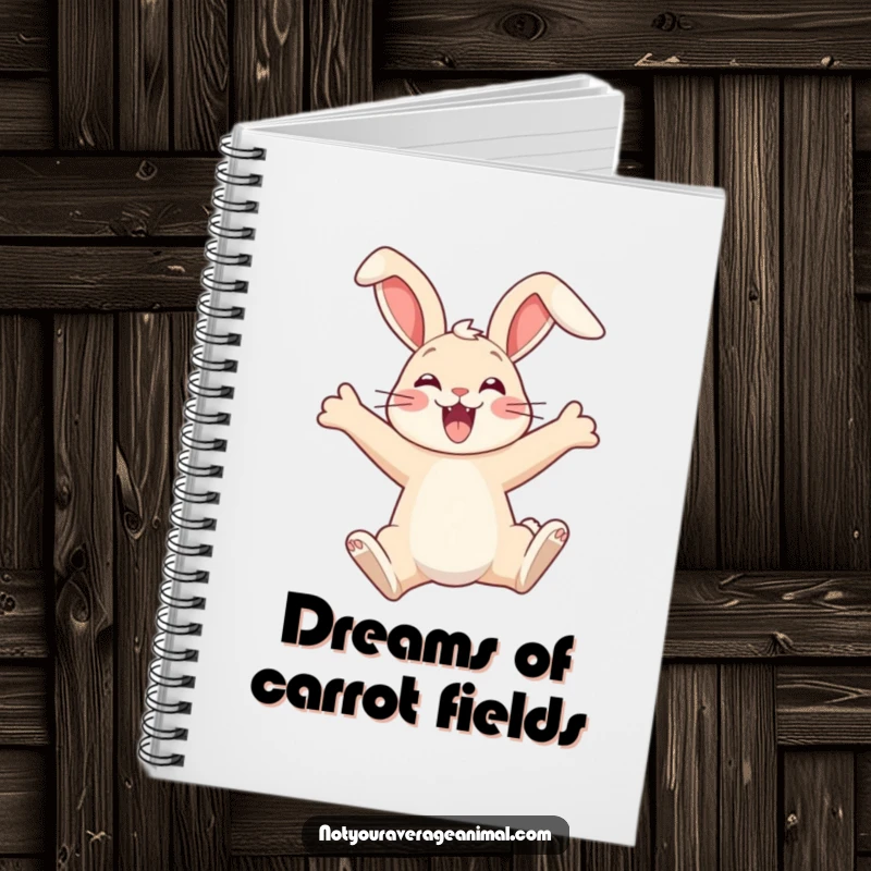 Funny notebook with a delighted bunny leaping, ears back, encouraging creative thinking and joyful note-taking.