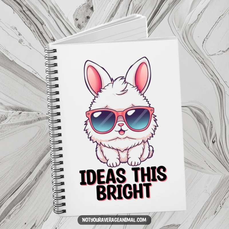 Funny bunny notebook with a fluffy rabbit wearing oversized sunglasses, perfect for jotting down notes with a cool, humorous flair.
