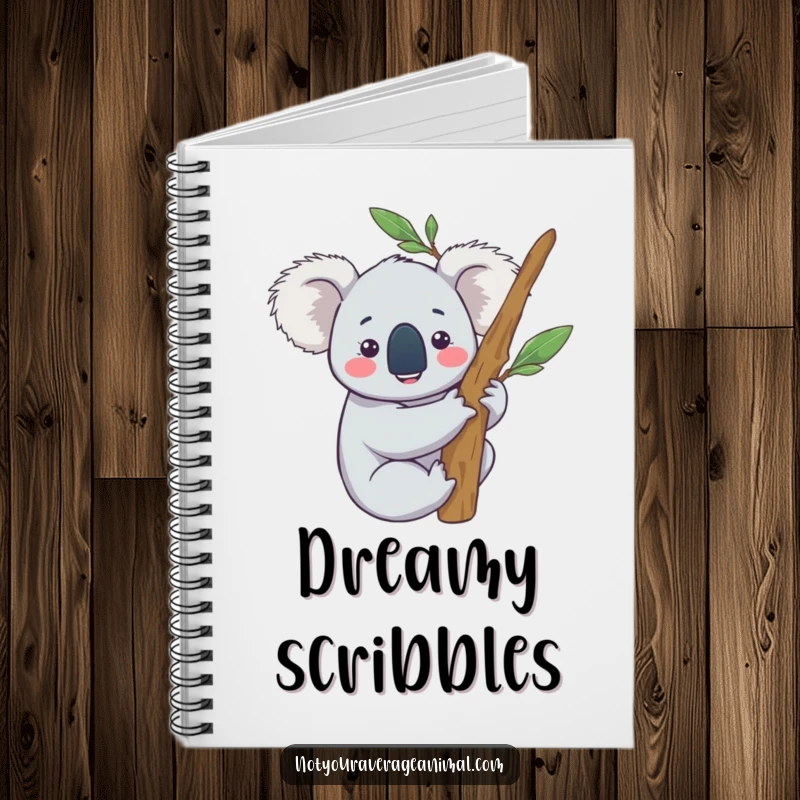Funny notebook with a content koala character happily hugging a eucalyptus branch, perfect for jotting down peaceful thoughts.