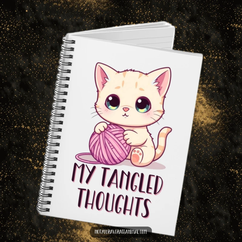 Funny notebook cover with a cute cat with wide eyes, playing with a ball of yarn, inspiring playful and humorous writing.