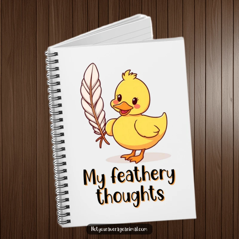 Funny cartoon duck notebook cover showing a silly duck waddling with a large feather, inspiring creativity and humor. A cute stationery gift.