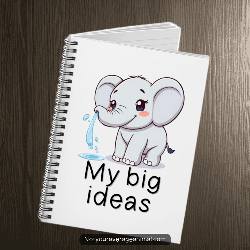 Funny elephant notebook with a happy elephant spraying water from its trunk, perfect for writing.