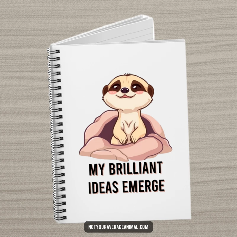 Funny meerkat notebook with a giggling character emerging from its burrow, ideal for capturing notes and funny thoughts.
