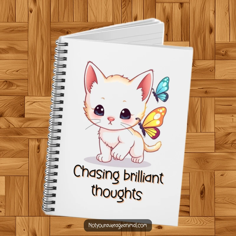 Funny curious kitten playfully chasing a shimmering butterfly, perfect for a notebook cover.