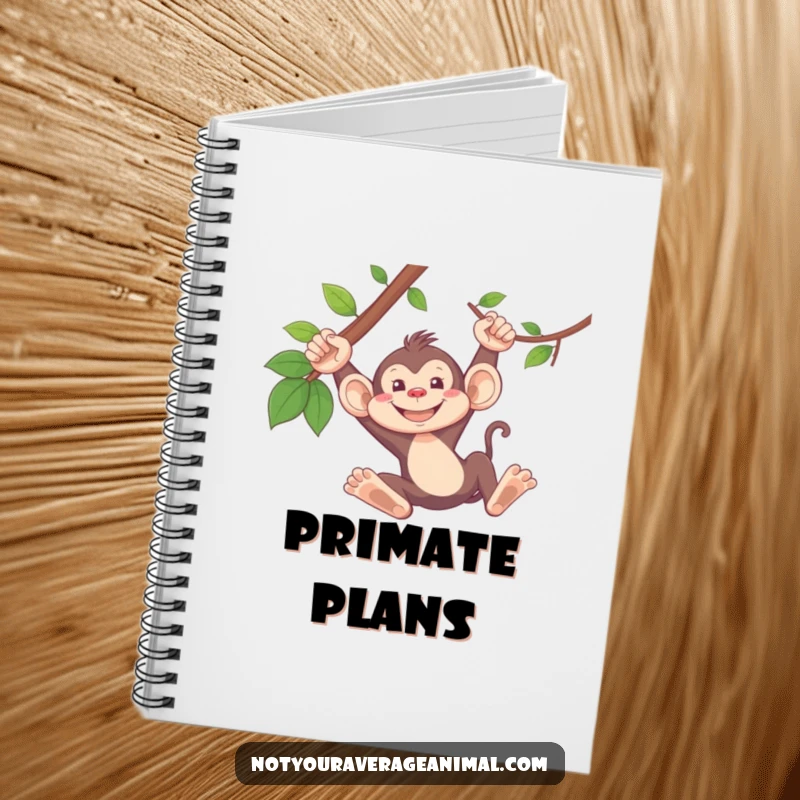 Funny monkey notebook with a silly monkey grinning and swinging from a vine, perfect for writing.