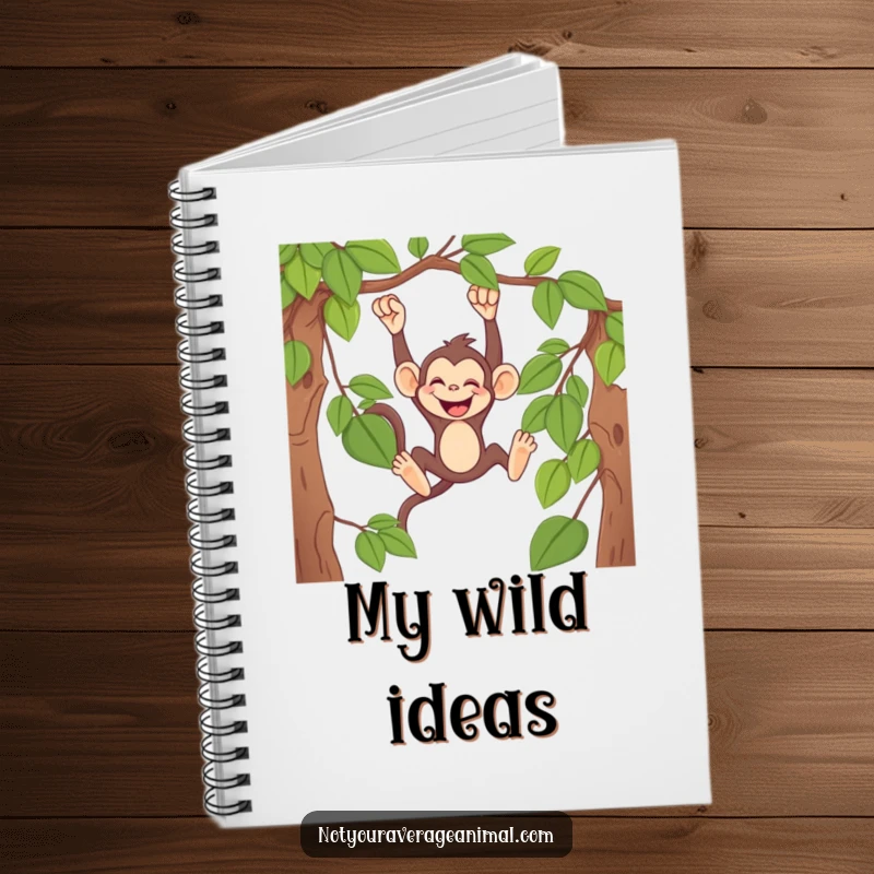 Funny monkey notebook featuring a mischievous primate swinging from a vine, giggling heartily, ideal for jotting down adventures.