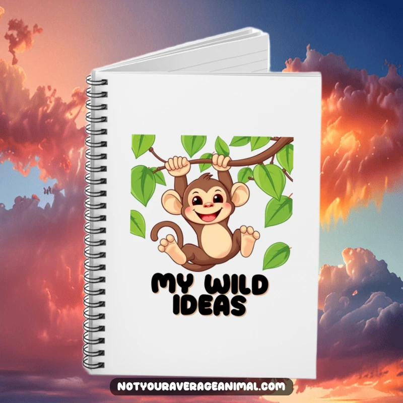 Funny notebook cover with a mischievous monkey swinging on a vine, wearing a wide grin.