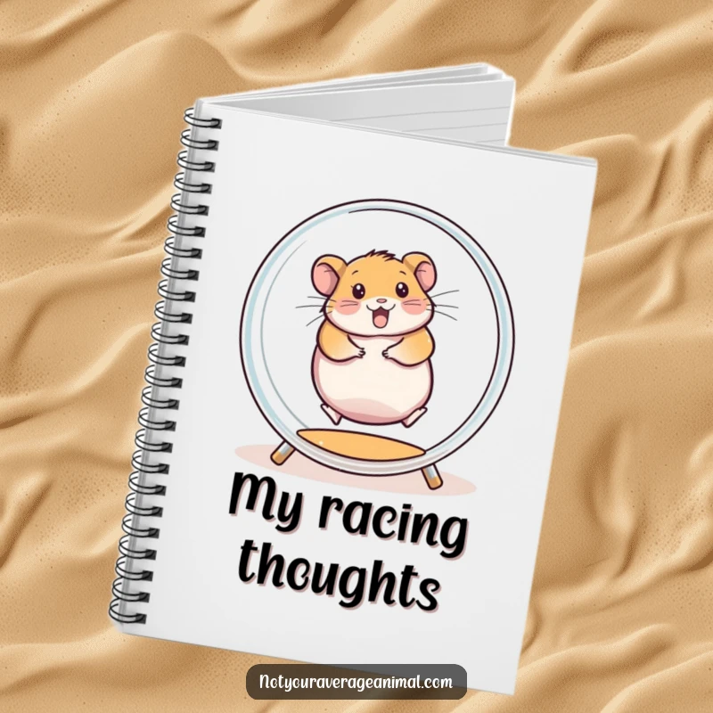 Funny notebook cover featuring a chubby hamster spinning enthusiastically inside a transparent exercise wheel, perfect for jotting notes.