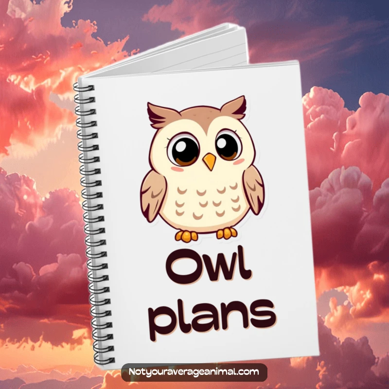 Funny owl notebook with a smiling owl and large eyes, contentedly hooting, perfect for writing.