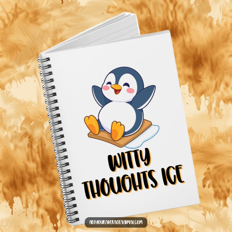 Funny notebook with a happy penguin character sliding down an icy slope with joy, ideal for jotting down notes and winter ideas.