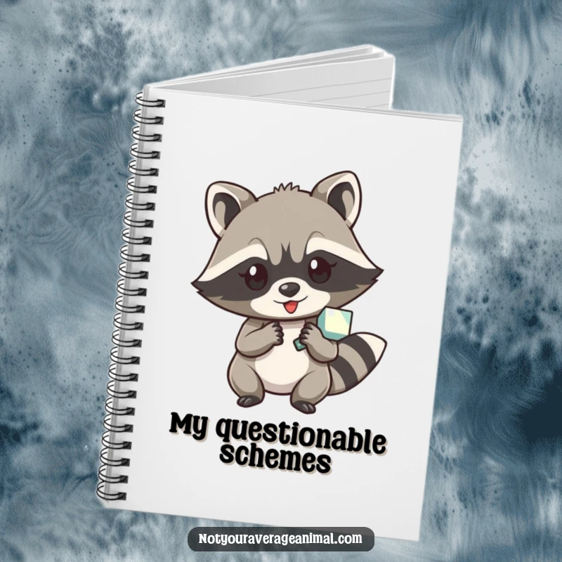 Funny notebook featuring a cunning raccoon character holding a shiny object, inspiring clever note-taking.