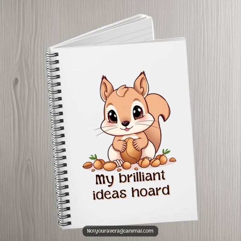 Funny squirrel notebook featuring big eyes as a curious squirrel gathers nuts, ideal for jotting down notes with a humorous and cute theme.