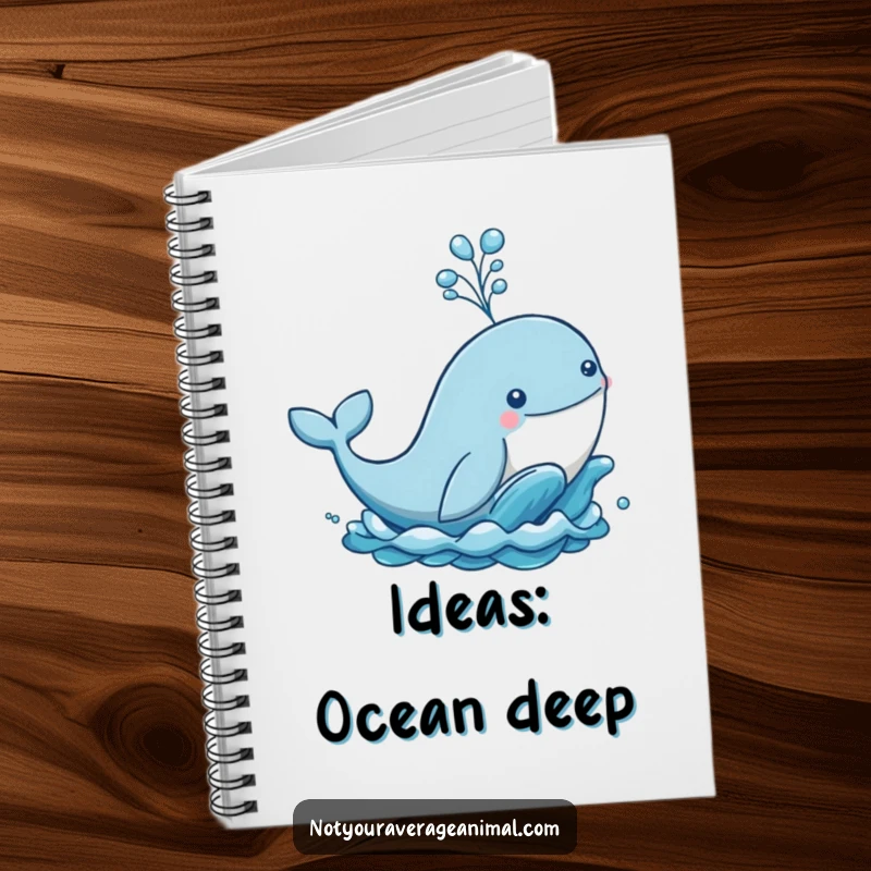 Funny notebook cover with a playful whale breaching the ocean, spraying a large spout of water, a humorous place for notes.