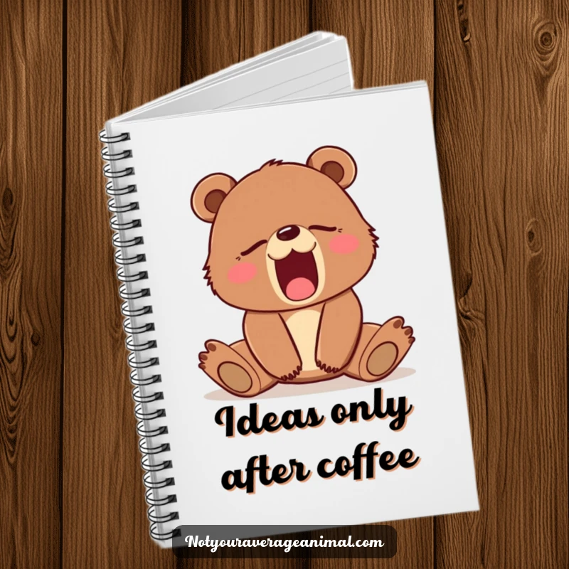 Funny notebook with a sleepy brown bear cub yawning, perfect for writing notes and ideas. Ideal for school or work.