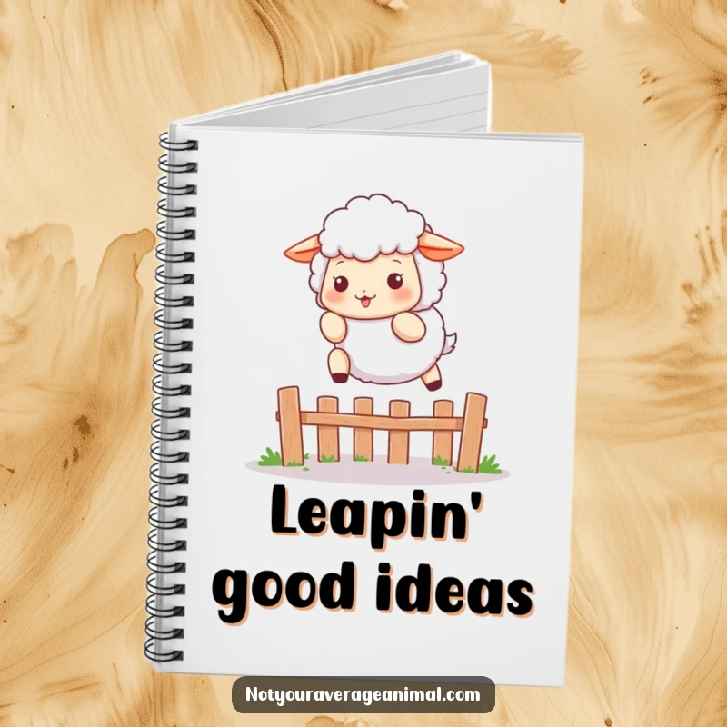 Funny notebook with a fluffy sheep character playfully leaping over a small fence, ideal for jotting down notes and creative ideas.