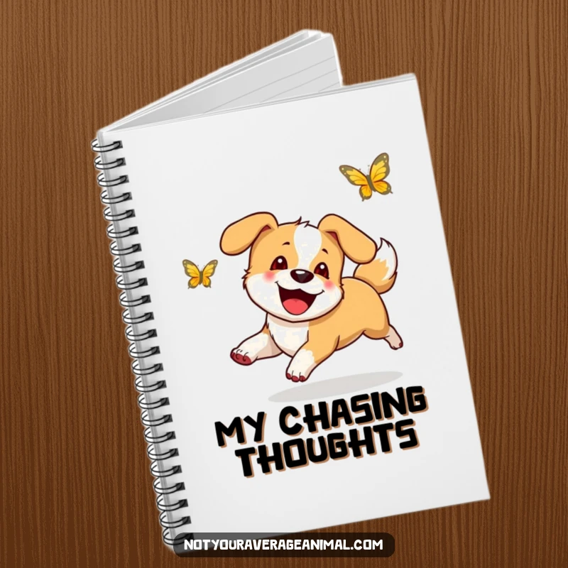 Funny notebook cover with a happy dog with a wagging tail, chasing a butterfly, inspiring cheerful and humorous writing.