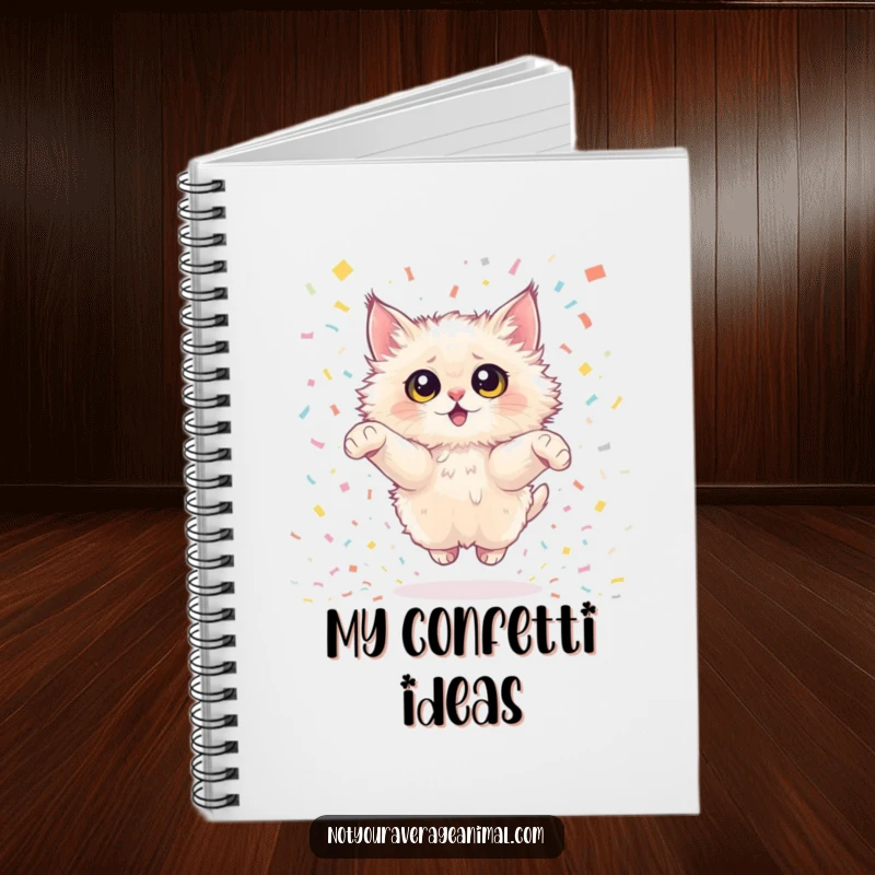 Funny fluffy cat notebook cover showing a cat with big eyes joyfully leaping through confetti, inspiring creative and festive entries. Stationery gift.