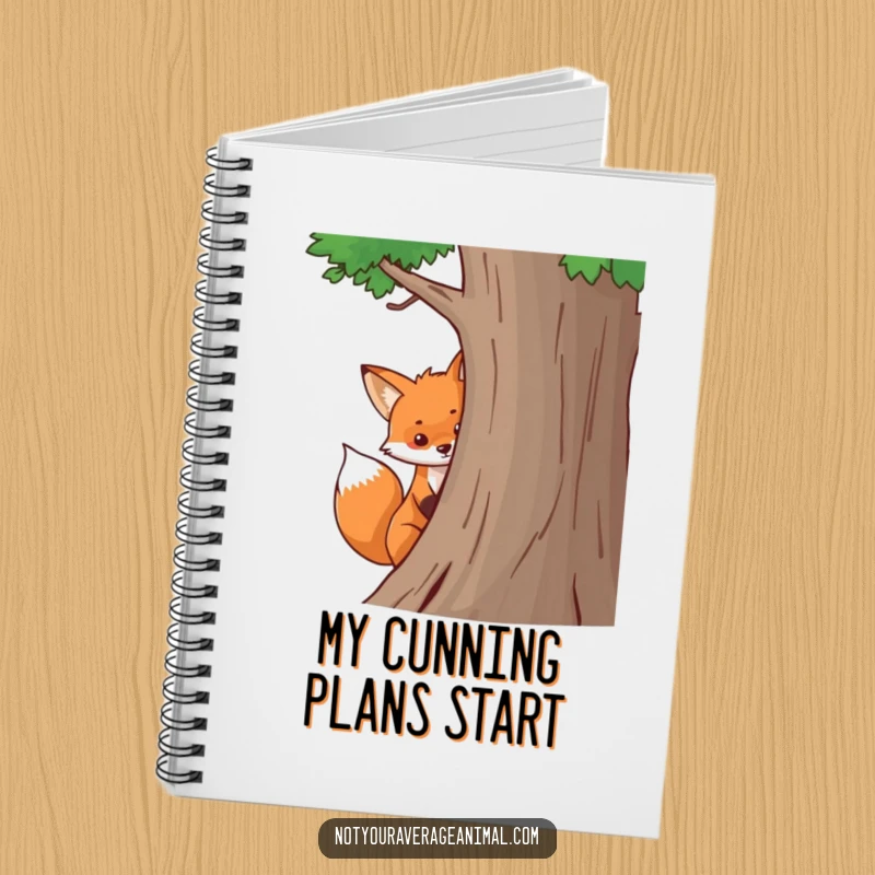 Funny fox notebook with a bushy tail peeking from behind a tree, perfect for jotting down notes with a humorous and playful woodland theme.