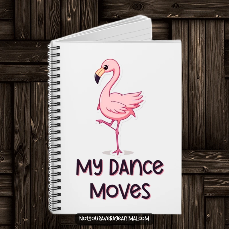 Funny flamingo dancing on a notebook cover, ideal for writing and adding lively humor as a funny gift.
