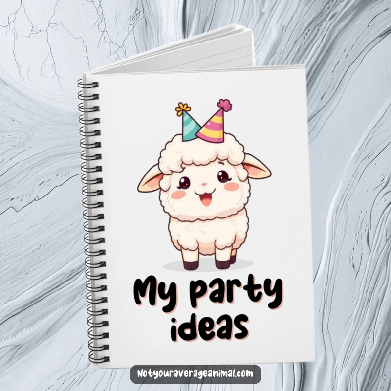 Funny sheep notebook with a cover depicting a fluffy sheep wearing a party hat and bleating cheerfully, perfect for jotting down festive notes.
