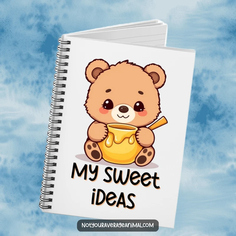 Funny Notebook cover with a cute, fuzzy bear cub, sweet smile beaming, hilariously hugging a honey pot, perfect for jotting sweet notes.