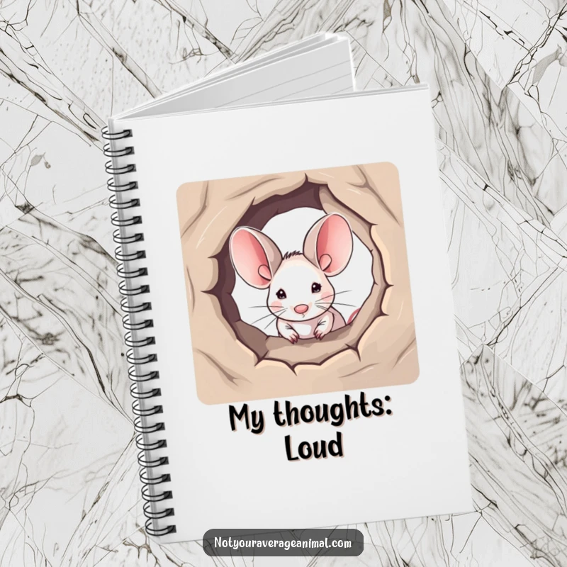 Funny notebook cover with a small mouse and its giant ears peeking out from a hole, a cute and humorous place for notes.