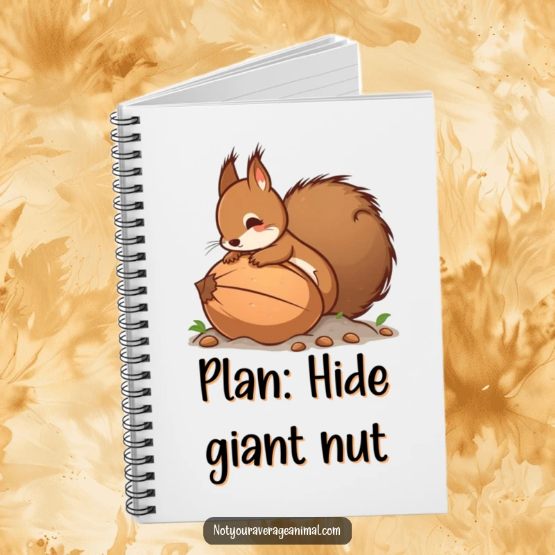 Funny notebook cover with a squirrel and its bushy tail burying a massive nut, a humorous place for notes and dreams.