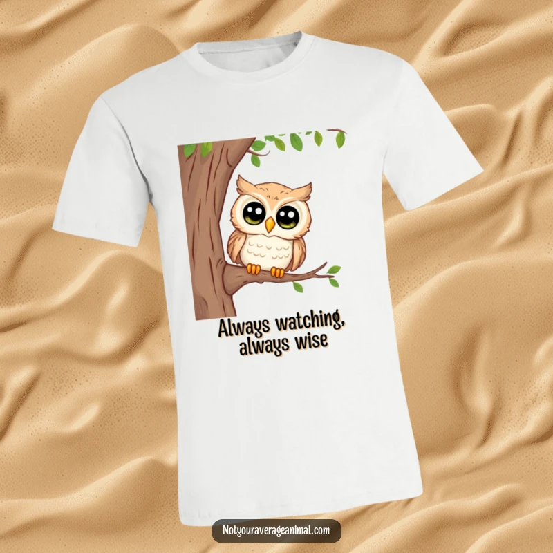 Funny t-shirt depicting a shrewd owl with enormous eyes peeking inquisitively from a tree branch, radiating curiosity and watchful intelligence.