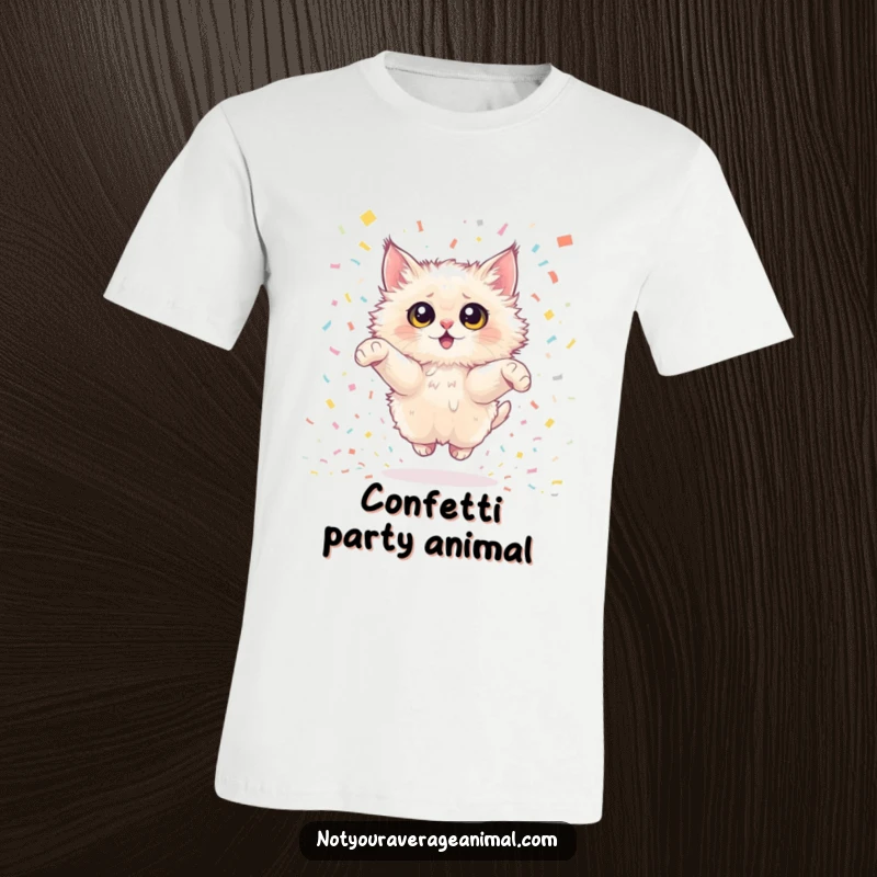 Funny fluffy cat t-shirt showing a cat with giant eyes leaping ecstatically through a colorful confetti storm. A festive and humorous tee.