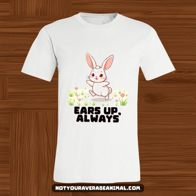 Funny t-shirt graphic of a cheerful rabbit with long ears, mid-hop, in a sunny field, embodying pure delight.