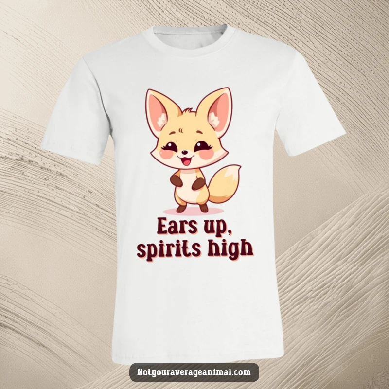 Funny fennec fox t-shirt with a smiling character doing a dance, highlighting its large ears and playful, energetic demeanor.