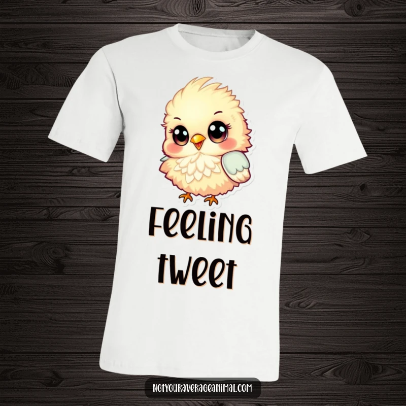 Funny T-Shirt featuring a fluffy, colorful bird with big eyes chirping happily, exuding an infectious sense of cheerful delight.