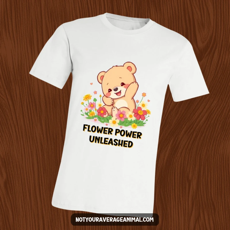 Funny Bear Cub T-Shirt: A happy bear cub tumbles playfully amidst a field of bright flowers, exuding pure joy.