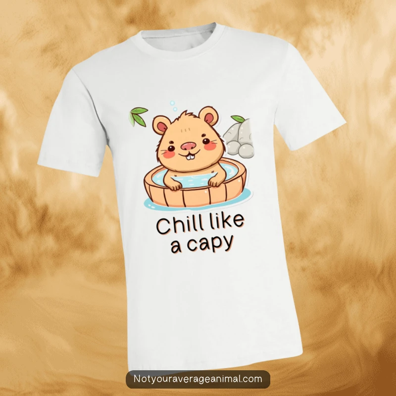 Funny Capybara T-Shirt showcasing a playful capybara character luxuriating in a hot spring with a contented smile.