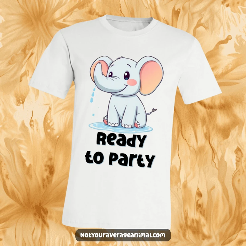 Funny t-shirt depicting a happy elephant enthusiastically spraying water from its trunk, showcasing pure delight.