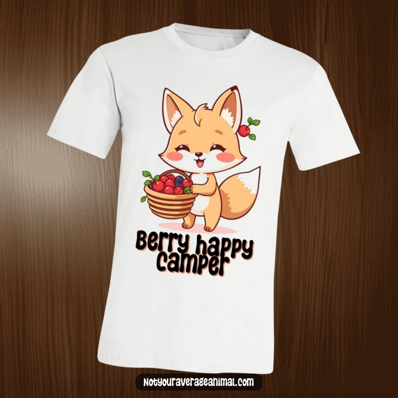 Funny Fox T-Shirt showing a cheerful fox character joyfully carrying a basket filled with delicious berries, embodying happiness.