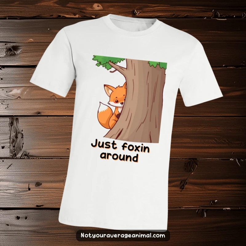 Funny fox t-shirt featuring a playful bushy tail peeking from behind a tree, showcasing a sly and humorous woodland character.